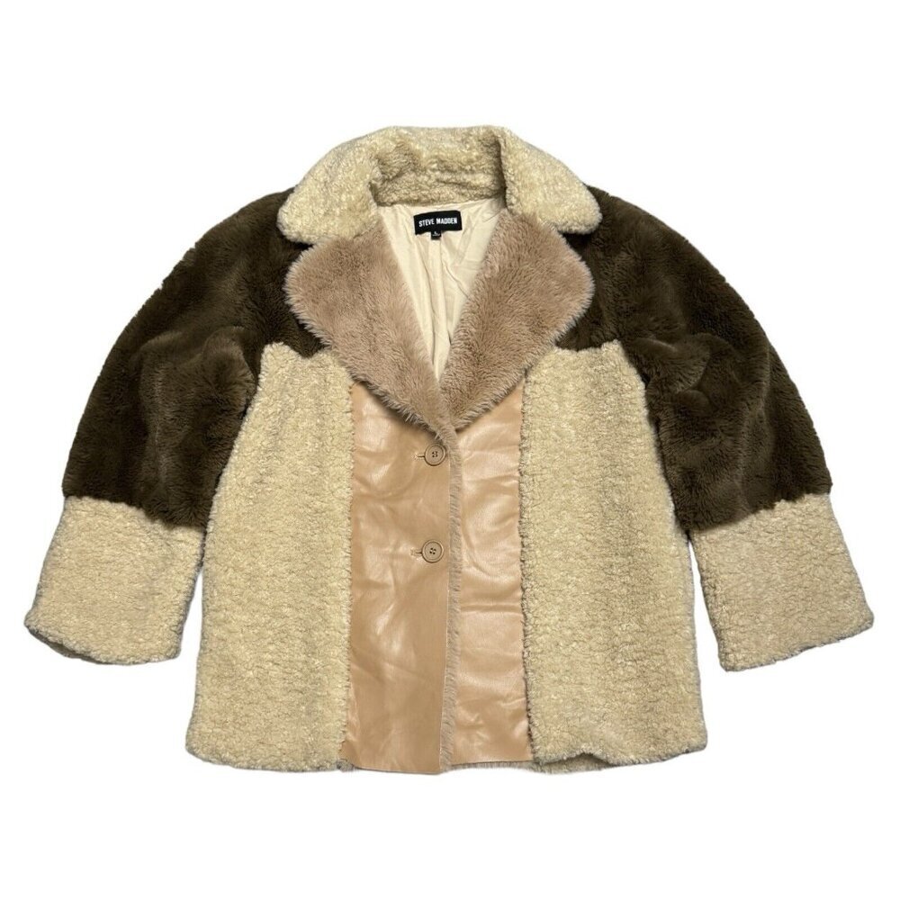 STEVE MADDEN Faux Fur Coat Fleece Comfy Designer Womens Earth Tone Large